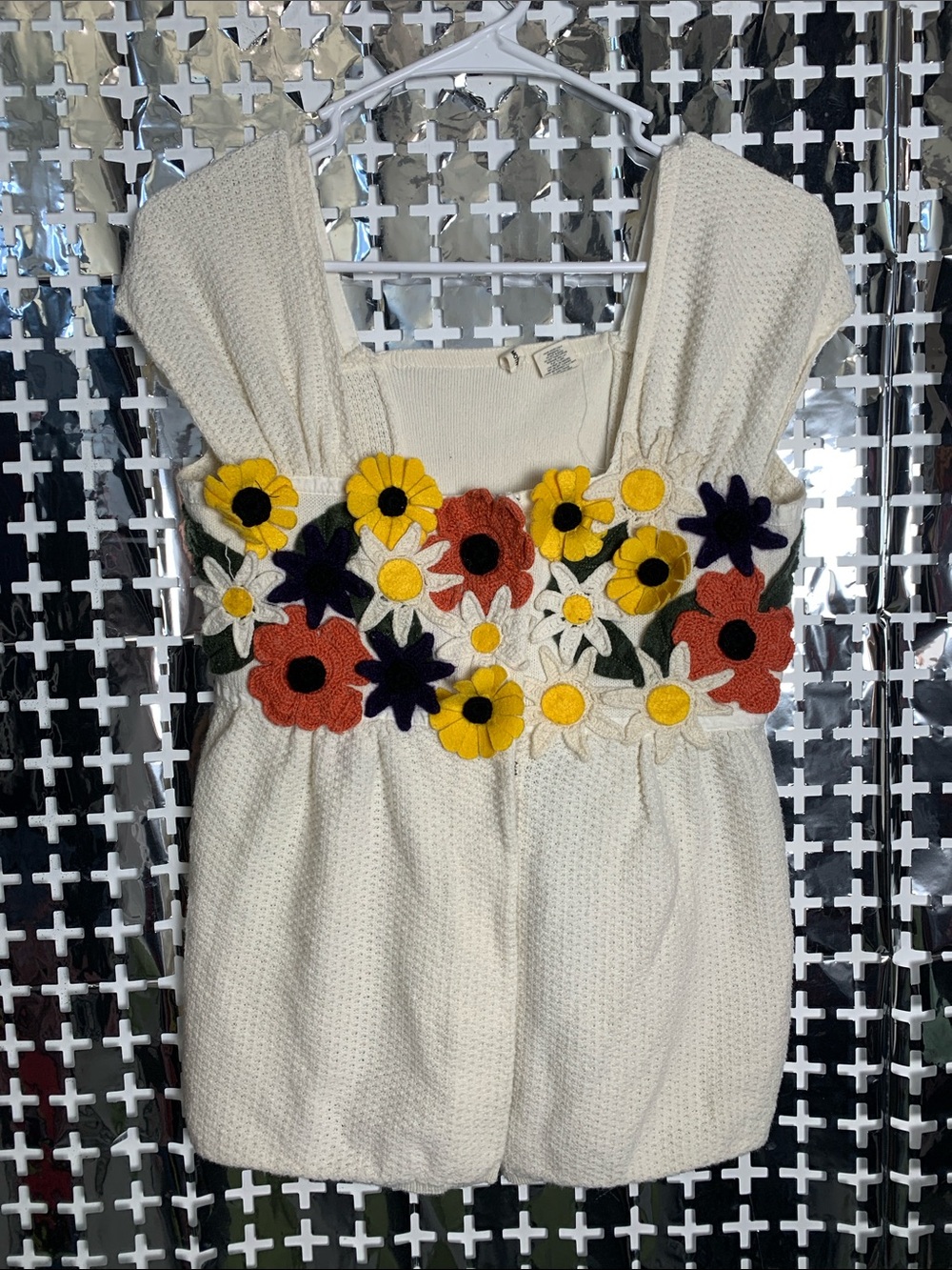 Moth Cream Knit Short Sleeve Top with Multicolor Floral Appliqués